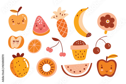 Whimsical Fruit Collection: An illustrated collection of adorable and vibrant fruits, showcasing the beauty and playfulness of nature's bounty, each character embodying freshness and delightful charm.
