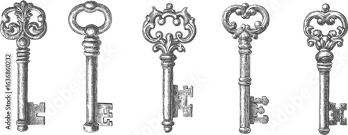 Set illustrations of medieval key isolated on transparent background. Vector graphics