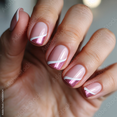 Woman's Hand with Pink Glitter Nail Art | Manicured Nails for Beauty, Fashion & Lifestyle