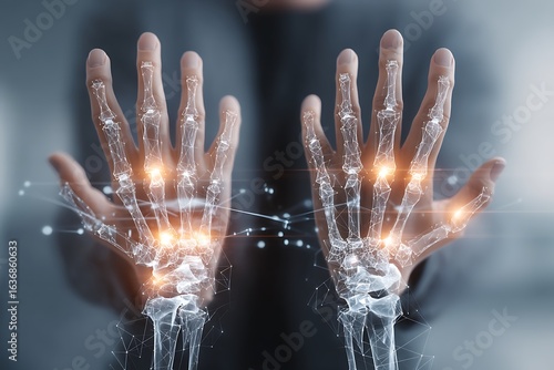 Digital illustration of human hands with visible bones, joints, and nerve connections, representing health and medical conditions