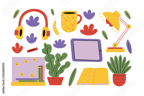 Creative Cozy Corner: An inviting illustration showcasing a collection of objects including headphones, mug, tablet, lamp, book, and a selection of plants, inviting creativity and relaxation.
