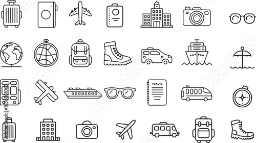 Travel line icons set. Vacation, luggage, airplane, tourism. editable stroke. vector illustration