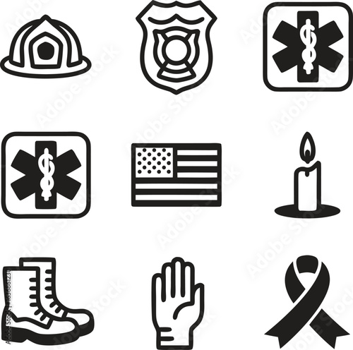 First Responder and Memorial Icons. Firefighter, Police, EMT, USA Flag, and Awareness Symbols 