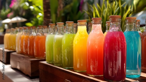 A refreshing summer drink station showcasing colorful juices in clear glass bottles on display