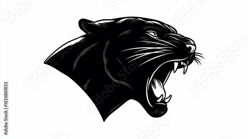 Black panther head illustration, roaring with sharp teeth, black and white