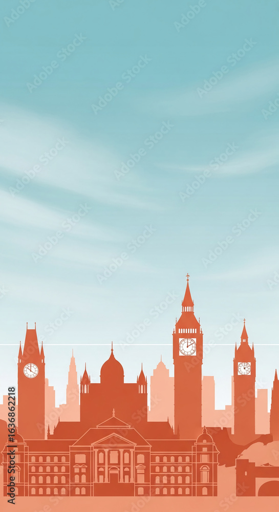 Fototapeta premium Silhouette of London skyline against a light blue sky, showcasing iconic buildings like Big Ben and Houses of Parliament, ideal for travel or city background