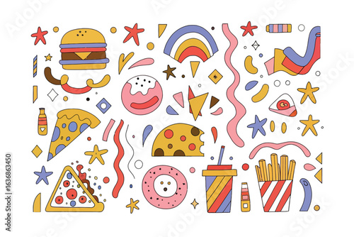 Fast Food Assortment: A vibrant assortment of fast food items, arranged playfully. Includes a burger, pizza slice, doughnut, french fries, soda, and abstract decorations. perfect for cheerful design
