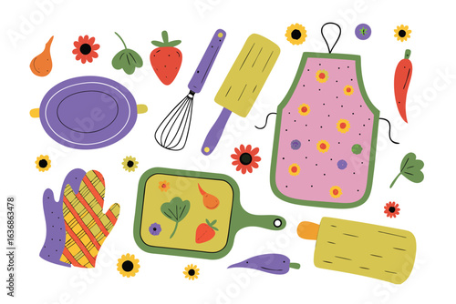 Kitchen Delight: A vibrant illustration showcases essential culinary tools and fresh ingredients.