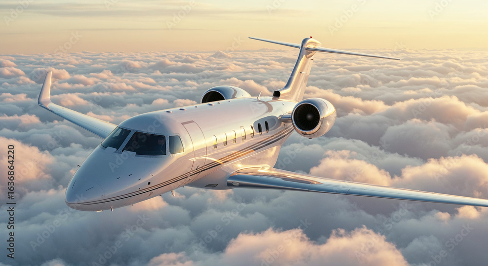 Obraz premium Close-up cinematic pearl-white private jet in golden hour above soft clouds.