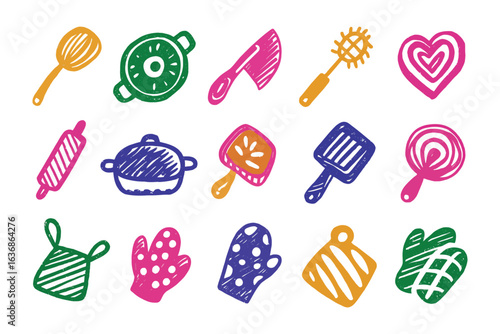 Culinary Tools Collection: A vibrant assortment of hand-drawn kitchen tools, from spatulas to whisks, offering a cheerful and playful essence for creative projects.