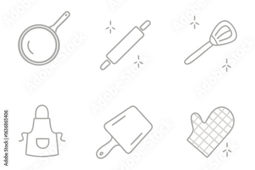 Kitchen Tools Icon: A set of stylized kitchen tools icons, encompassing essentials for culinary creativity. Showcasing cooking implements, representing the core of home cooking. 