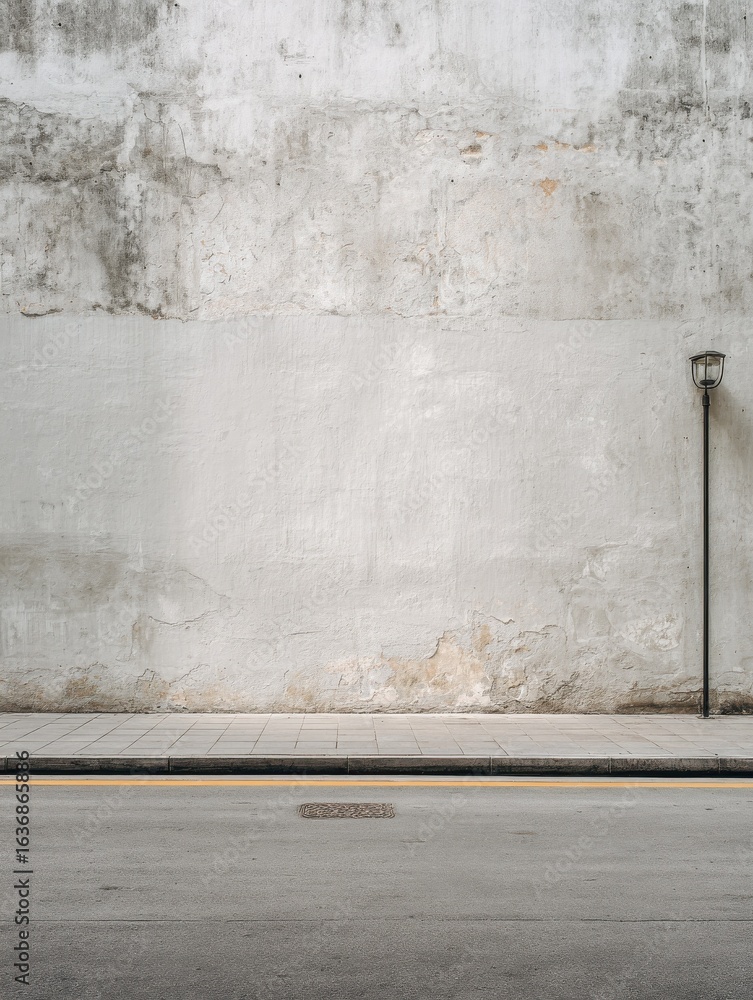 Fototapeta premium city street with long concrete wall covered in white plaster featuring copy space and mockup