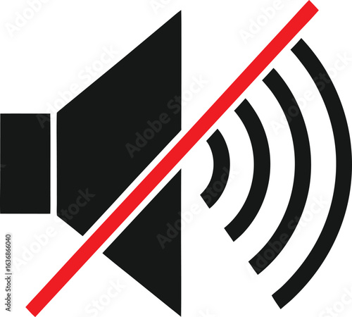 Black Speaker Icon with Sound Waves and Red Diagonal Line for Mute Function volume