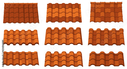 Collection of nine orange roof tile sections on transparent background