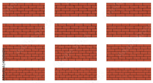 Twelve red brick wall sections arranged in a grid on transparent background