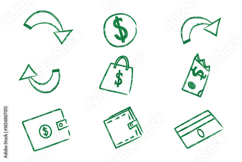 Financial symbols, hand drawn and sketched, a comprehensive collection, each embodying the essence of currency, transaction, and wealth, all rendered in a cohesive and symbolic manner. 