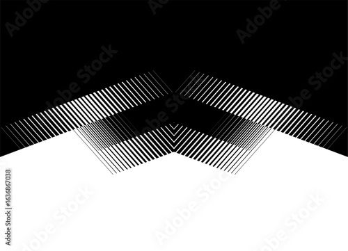 Pennant. Vector Transition from black to white. Abstract pattern of broken lines. Striped design element. Vector black and white background for covers, packaging, advertising, video. Striped arrow. 