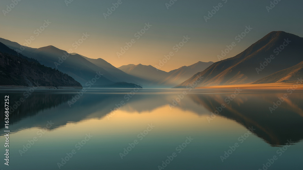 Obraz premium ai sunrise illuminates tranquil lake surrounded by majestic mountains in serene landscape