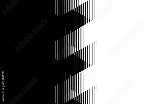 Vector Transition from black to white. Abstract pattern of thin broken lines. Striped design element. Vector black and white background for covers, packaging, advertising, video. Geometric shapes