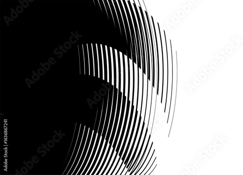 Vector Transition from black to white. Abstract wavy pattern of thin lines. Striped design element. Vector black and white background for covers, packaging, advertising, video. Curved shapes