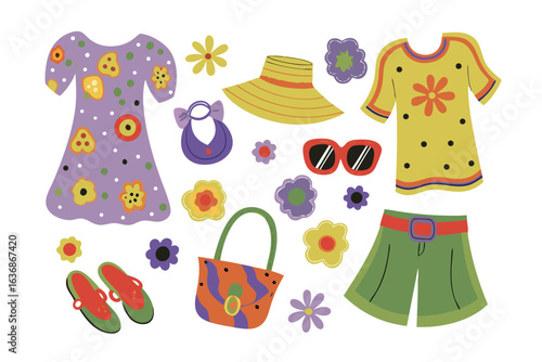 Summer Fashion Essentials: A vibrant collection of summer fashion items including dresses, shorts, accessories, and flowers, perfect for fashion, design, and creative projects.