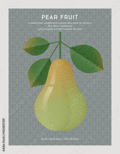 Pear with leaves on seamless pattern  background. Illustration with grain and noise texture. 