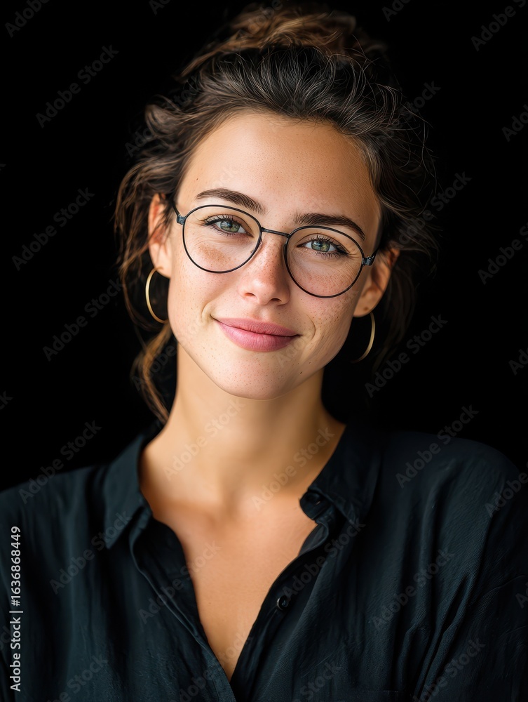 Obraz premium a woman wearing glasses and a black shirt is smiling at the camera