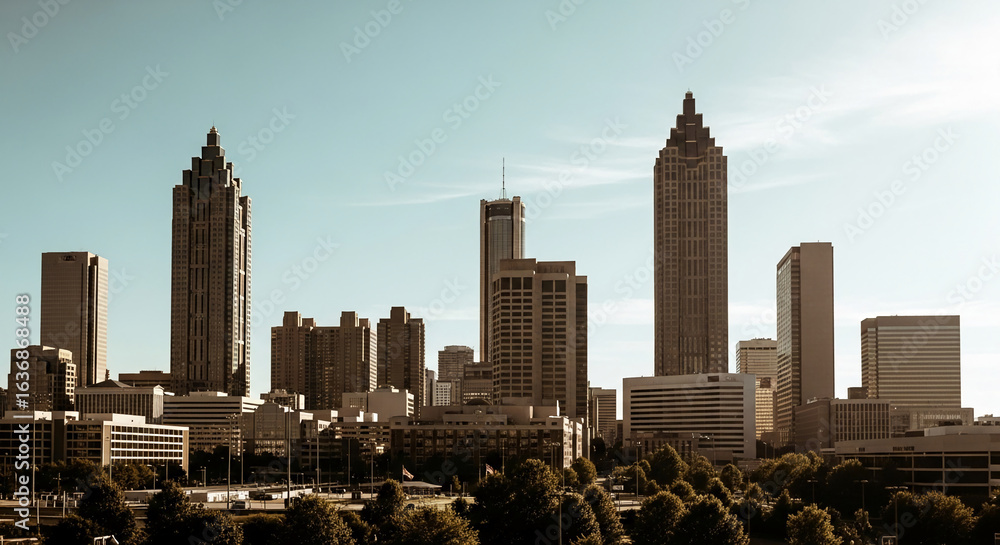 Fototapeta premium Atlanta cityscape at sunrise, showcasing several skyscrapers under a clear sky, representing urban development, growth, and modern architecture