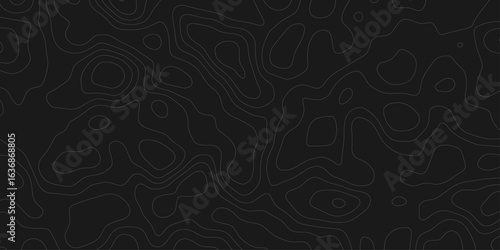 Topographic contour lines in monochrome creating  modern and minimal style, dark and abstract patterned background design element.