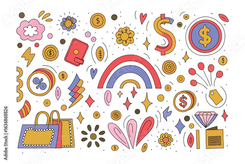 Wealthy Abundance: A vibrant illustration showcases a cornucopia of financial elements, symbolizing prosperity, wealth, and monetary success.