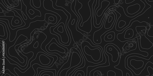 Black and White Contour Lines Topographic Map Design reflecting nature and geography, dark gray background.