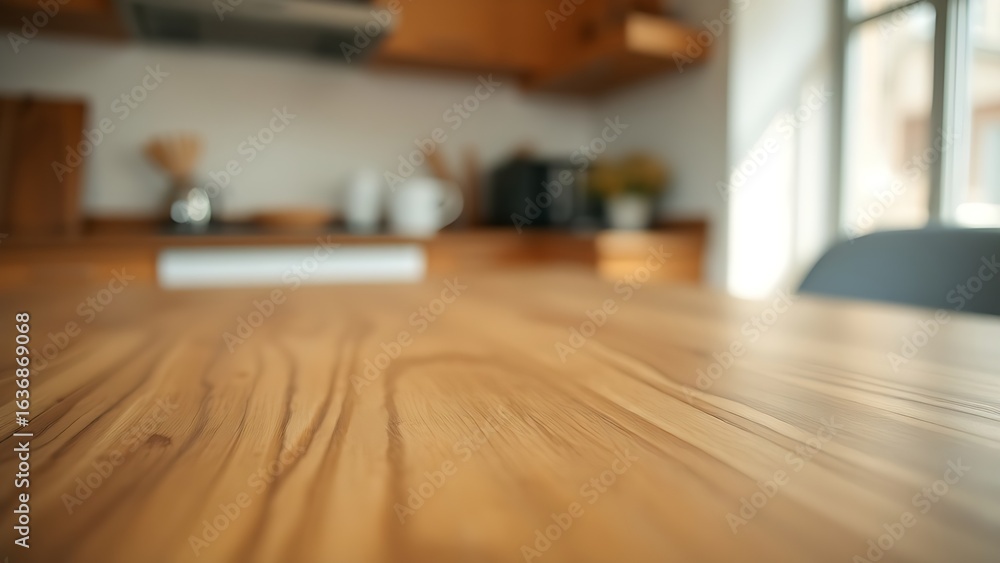 Naklejka premium Wooden table surface close-up with natural grain texture, warm kitchen ambient light.