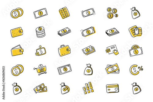 Financial Doodle: A meticulously crafted doodle illustration showcases a collection of money-related symbols, capturing the essence of wealth, commerce, and economic transactions. 