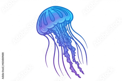 Vibrant blue purple jellyfish gracefully drifts through ocean depths, evoking wonder and mystery