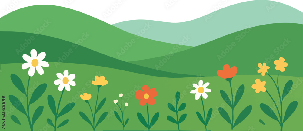Obraz premium Cartoon Spring Landscape with Flowers.