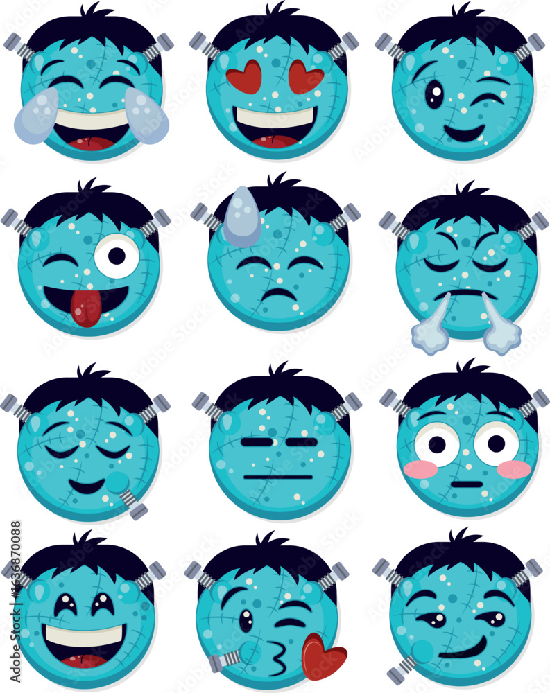Obraz premium large set of emoticons with various emotions on blue Frankenstein faces, stylized emoticons for Halloween. For social networks, stickers for holiday decorations