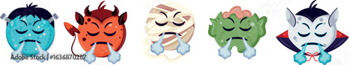 set of emoticons with Halloween characters, namely a mummy, devil, Frankenstein, zombie and vampire with an evil expression, for social networks and various holiday designs