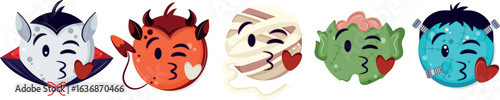 set of emoticons with Halloween characters, namely a mummy, devil, Frankenstein, zombie and vampire with an air kiss, for social networks and various holiday designs