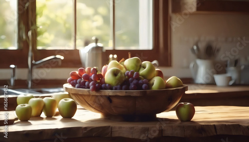 Wallpaper Mural A wooden bowl overflowing with apples and grapes sits on a kitchen counter near a window, bathed in natural light. Torontodigital.ca