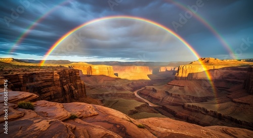 Vibrant Double Rainbow Arches Over Grand Canyon's Sunlit Terracotta Walls and Winding River
