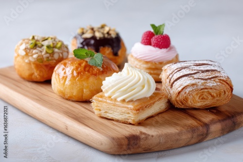 Wallpaper Mural Delicious french pastries resting on wooden cutting board Torontodigital.ca