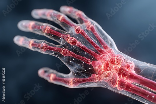 Detailed 3d rendering of a human hand showcasing the intricate network of bones, tendons, ligaments, and blood vessels