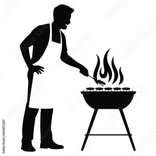 Man in apron grilling food on barbecue silhouette