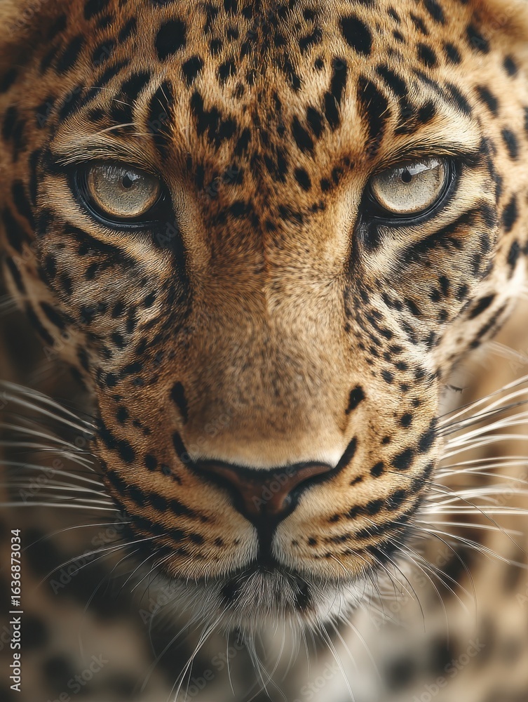Fototapeta premium extreme closeup of african leopard in front face staring at camera wildlife photography