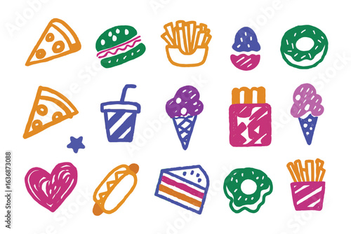 Delicious Doodles: A colorful and appetizing array of hand-drawn fast food icons, perfect for illustrating culinary concepts.