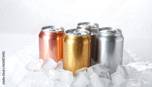 Four metallic beverage cans on ice