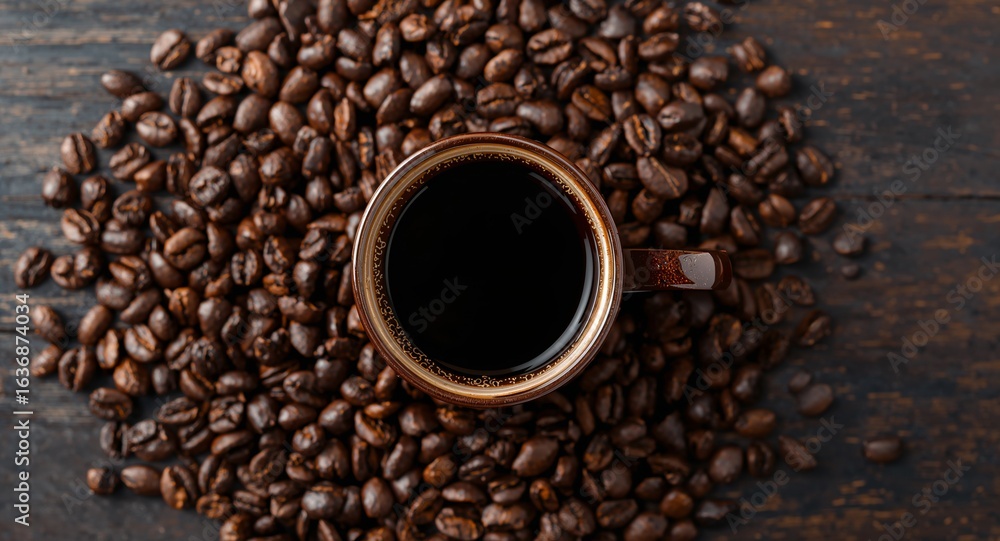 Fototapeta premium Aromatic Dark Coffee in Brown Cup Surrounded by Roasted Coffee Beans, Top View.