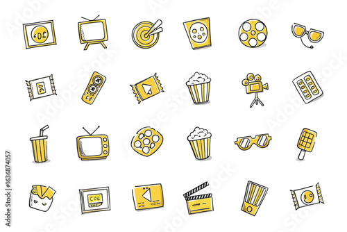 Cinema Icons: A collection of charming, hand-drawn cinema icons in vibrant yellow and charcoal, symbolizing the magic of movies.