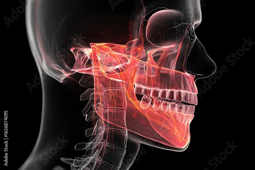 Detailed 3d rendering of a human jaw skeleton highlighting joint pain and inflammation on a dark background for medical illustration