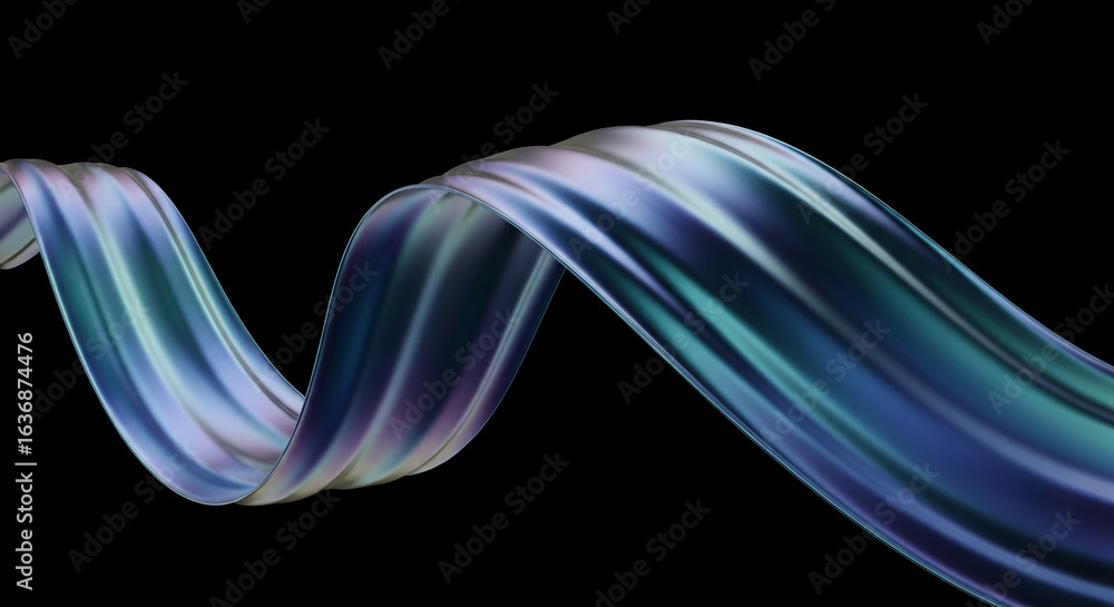 Obraz premium Abstract iridescent ribbon swirling on black background, showcasing smooth, flowing lines and texture, symbolizing elegance, movement, and fluidity, ideal for design or technology concepts